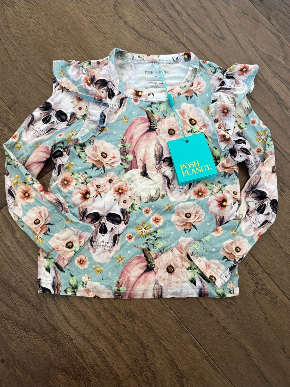 Posh Peanut bamboo Light Blue Floral Skull Ruffle Long Sleeve Top